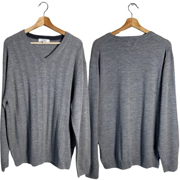 NWOT Turnbury Merino Wool Cable Knit V-Neck Sweater Pullover Men's Large Gray - Picture 1 of 12